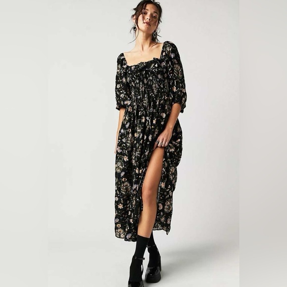 FREE PEOPLE Oasis Floral Printed Midi Dress Black Combo - M - Picture 1 of 5